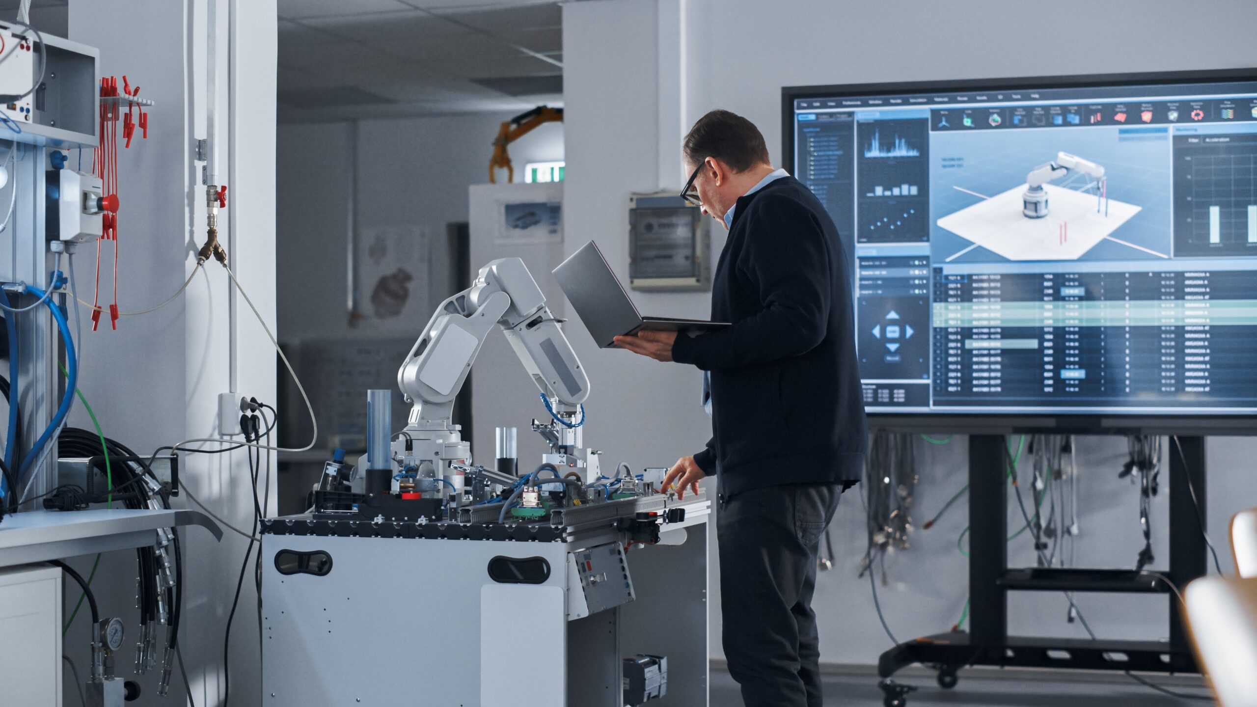 Male,Engineer,Holding,Laptop,,Moving,Bionic,Limb,With,Written,Code