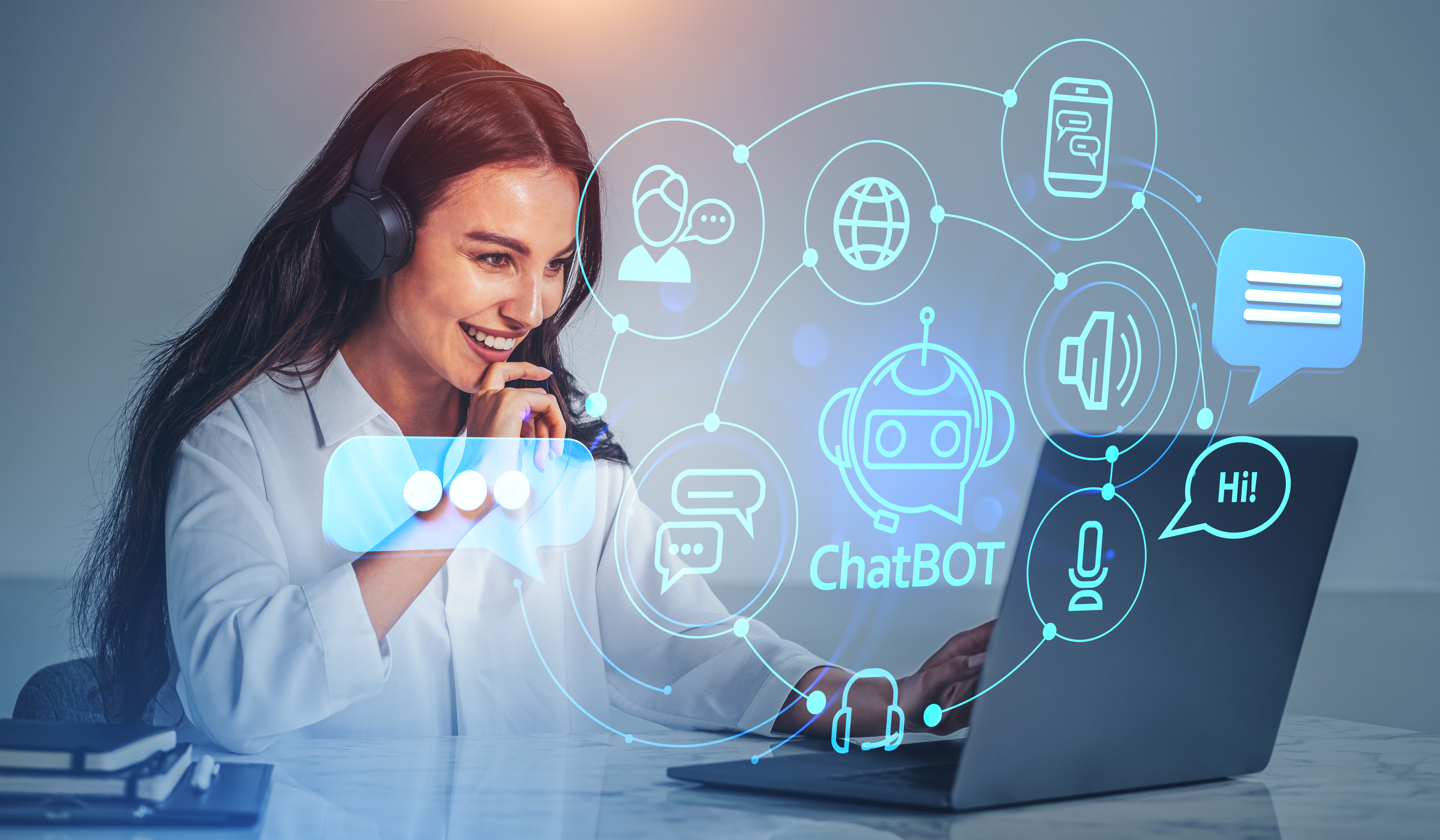 Young woman with laptop, chatbot interface